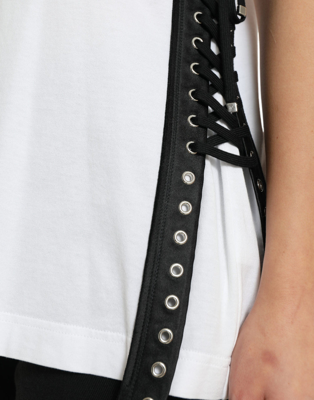 Dolce &amp; Gabbana - White Slogan Print Lacing Detailed T-shirt