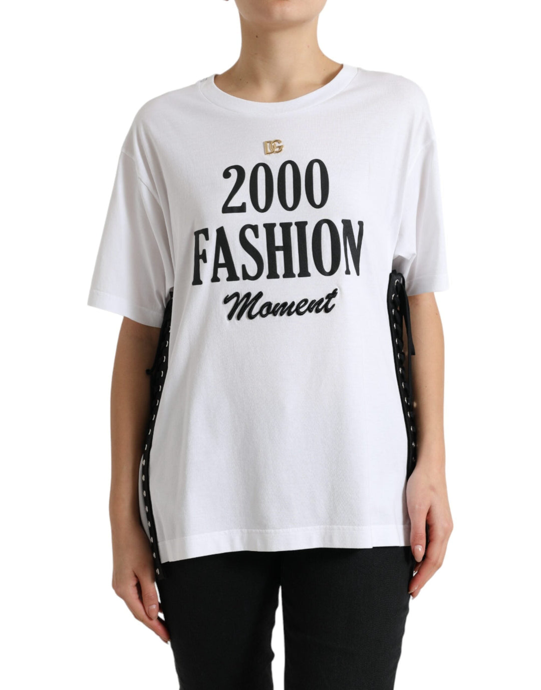 Dolce &amp; Gabbana - White Slogan Print Lacing Detailed T-shirt
