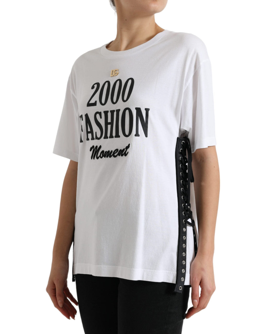 Dolce & Gabbana - White Slogan Print Lacing Detailed T-shirt