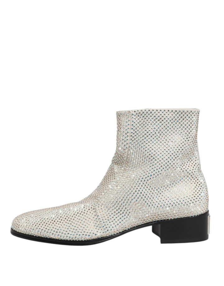Dolce &amp; Gabbana White Strass Dg Logo Heels Ankle Boots Shoes