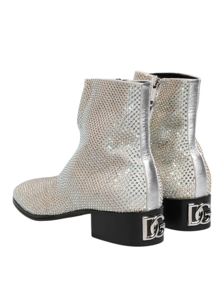 Dolce &amp; Gabbana White Strass Dg Logo Heels Ankle Boots Shoes