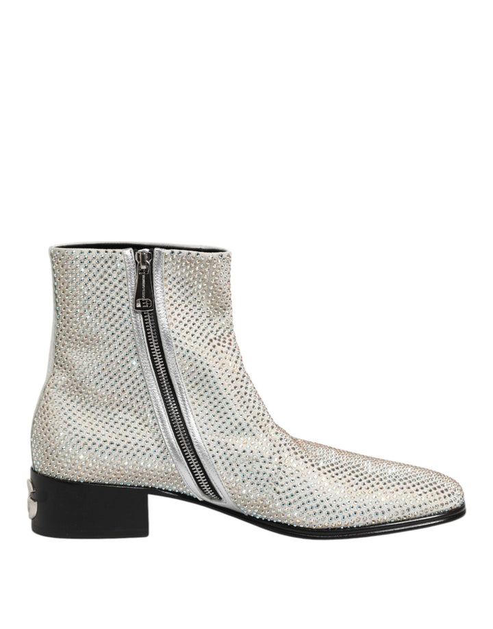 Dolce &amp; Gabbana White Strass Dg Logo Heels Ankle Boots Shoes