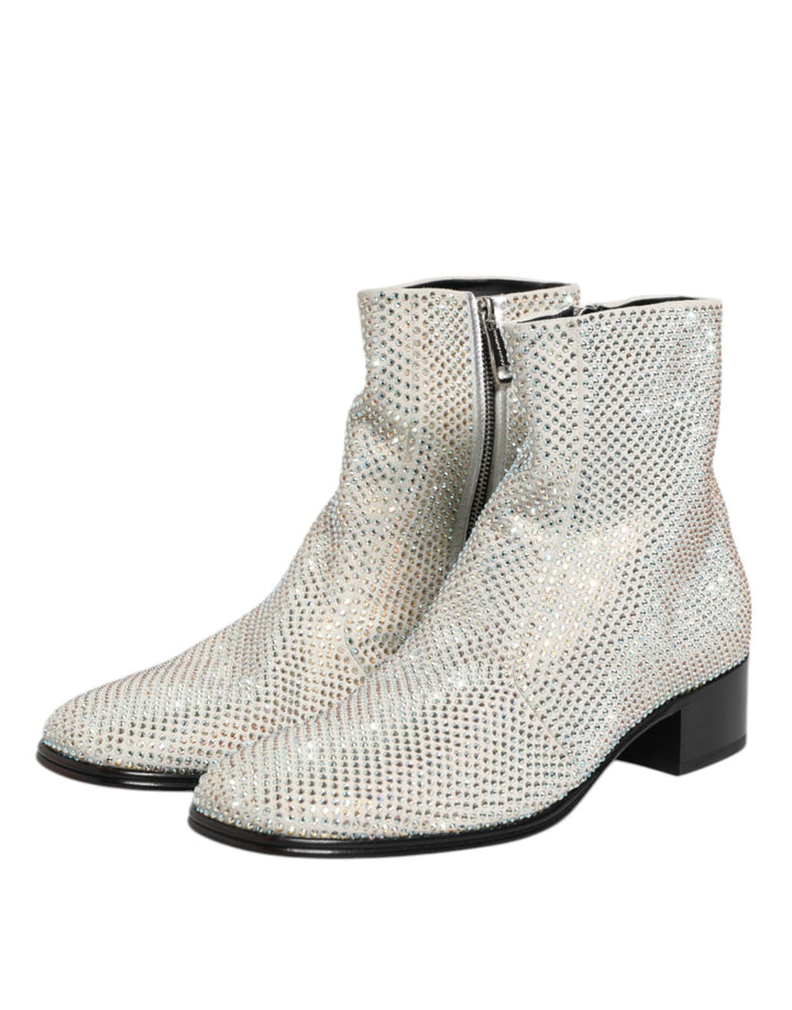 Dolce &amp; Gabbana White Strass Dg Logo Heels Ankle Boots Shoes