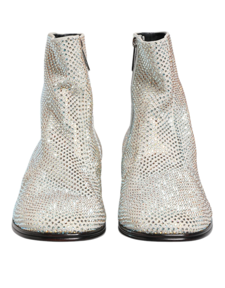 Dolce &amp; Gabbana White Strass Dg Logo Heels Ankle Boots Shoes