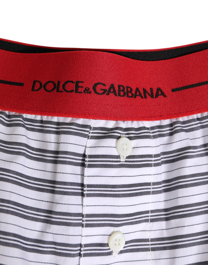 Dolce &amp; Gabbana White Striped Cotton Red Waistband Shorts Swimwear