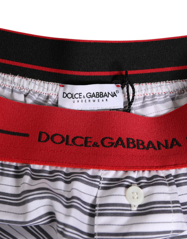 Dolce &amp; Gabbana White Striped Cotton Red Waistband Shorts Swimwear