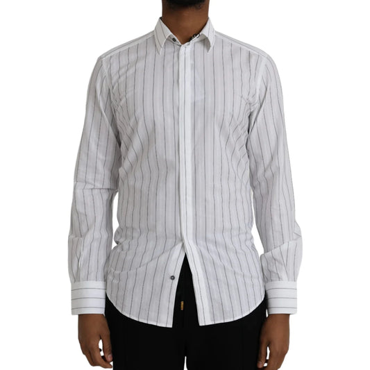 Dolce and Gabbana White Striped Formal Shirt Classic Collared Neck &