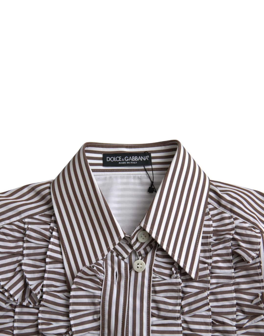 Dolce &amp; Gabbana - White Stripes Cotton Long Sleeves Ruffle Collar Top