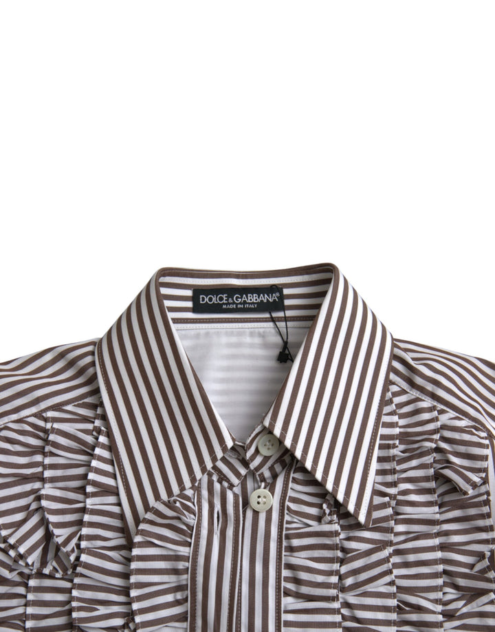 Dolce &amp; Gabbana - White Stripes Cotton Long Sleeves Ruffle Collar Top