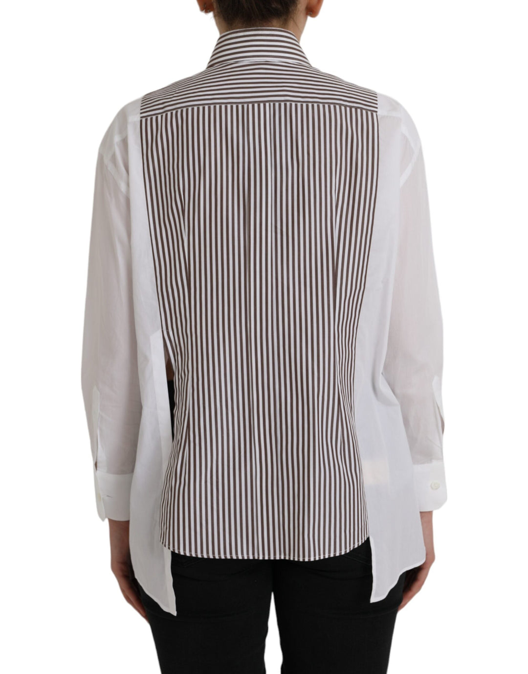 Dolce &amp; Gabbana - White Stripes Cotton Long Sleeves Ruffle Collar Top