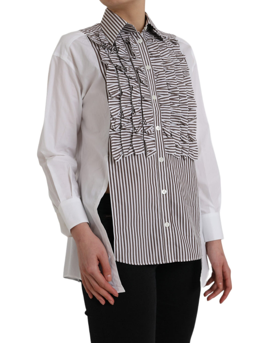 Dolce &amp; Gabbana - White Stripes Cotton Long Sleeves Ruffle Collar Top