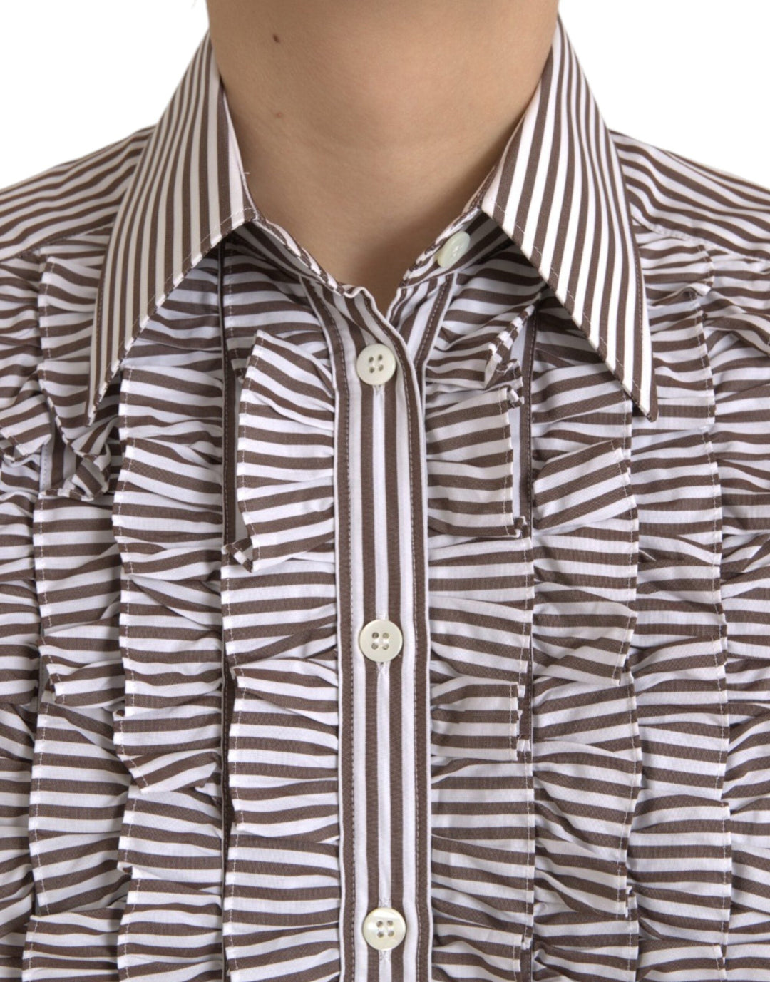 Dolce &amp; Gabbana - White Stripes Cotton Long Sleeves Ruffle Collar Top