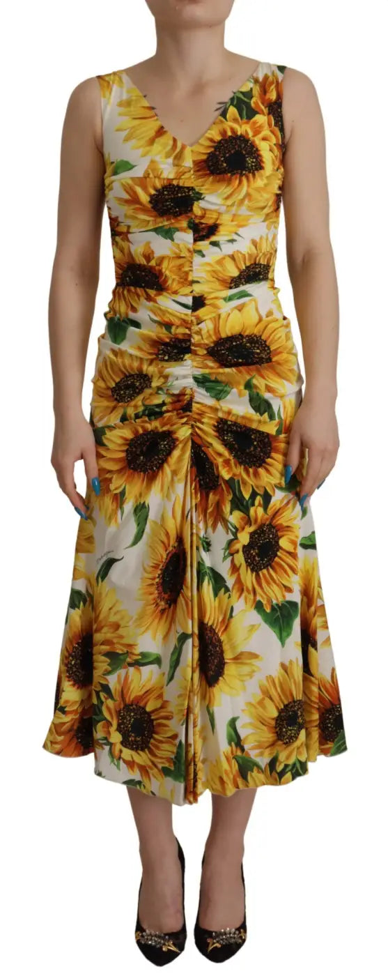Dolce &amp; Gabbana White Sunflower Print Sheath Midi Silk