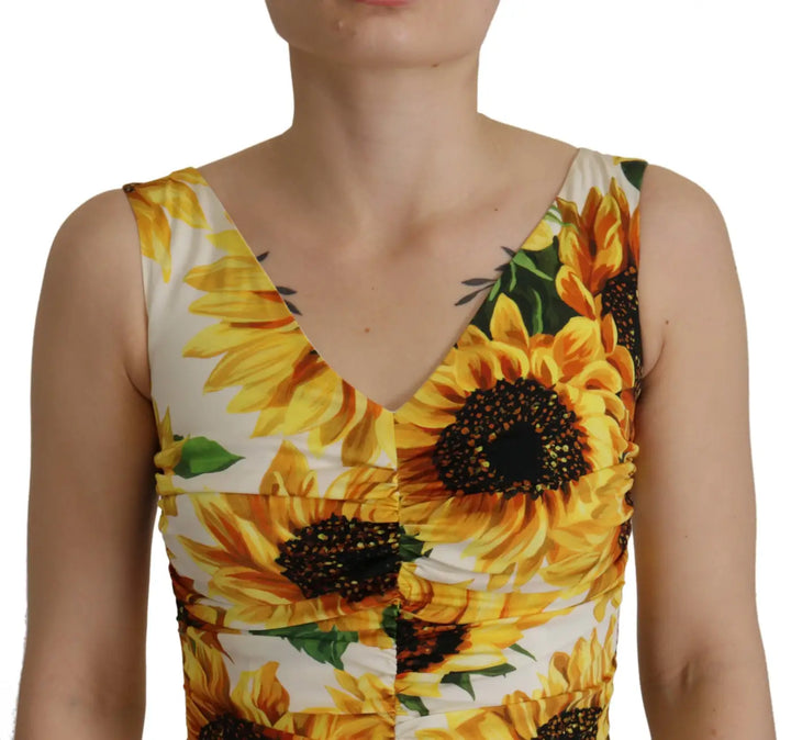 Dolce &amp; Gabbana White Sunflower Print Sheath Midi Silk