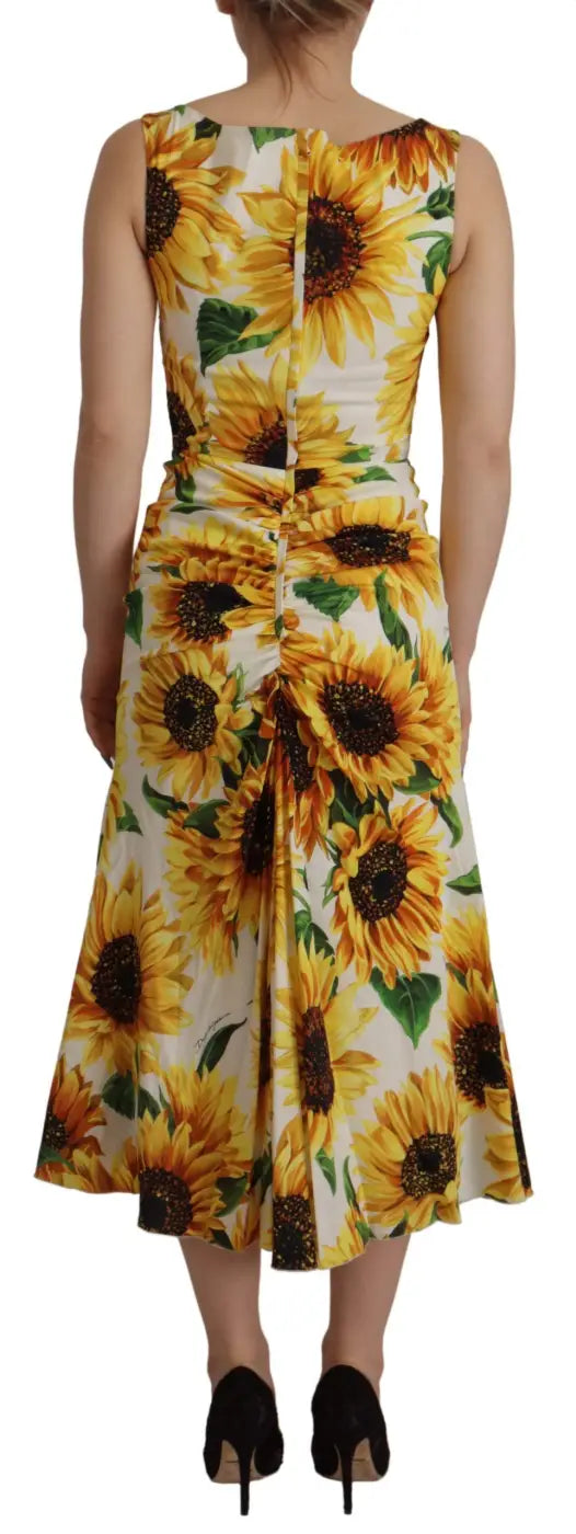 Dolce &amp; Gabbana White Sunflower Print Sheath Midi Silk