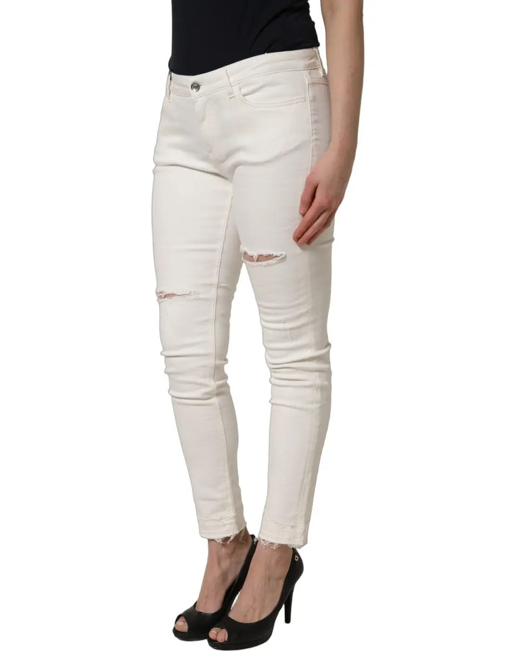 Dolce &amp; Gabbana White Tattered Skinny Cotton Denim Jeans