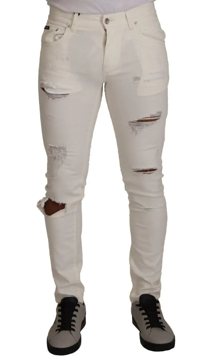 Dolce &amp; Gabbana White Tattered Skinny Cotton Men Denim Jeans