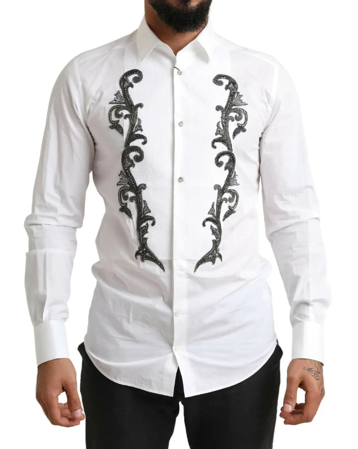 Dolce &amp; Gabbana White Tuxedo Slim Fit Baroque Shirt