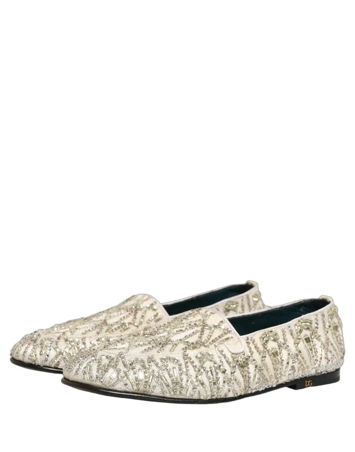 Dolce &amp; Gabbana White Velvet Embroidered Dress Loafers Shoes