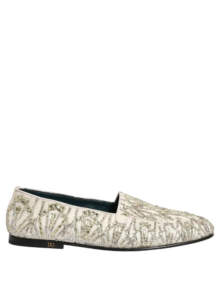 Dolce &amp; Gabbana White Velvet Embroidered Dress Loafers Shoes