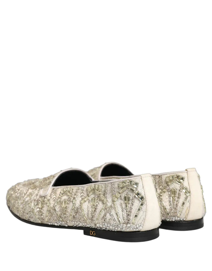 Dolce &amp; Gabbana White Velvet Embroidered Dress Loafers Shoes