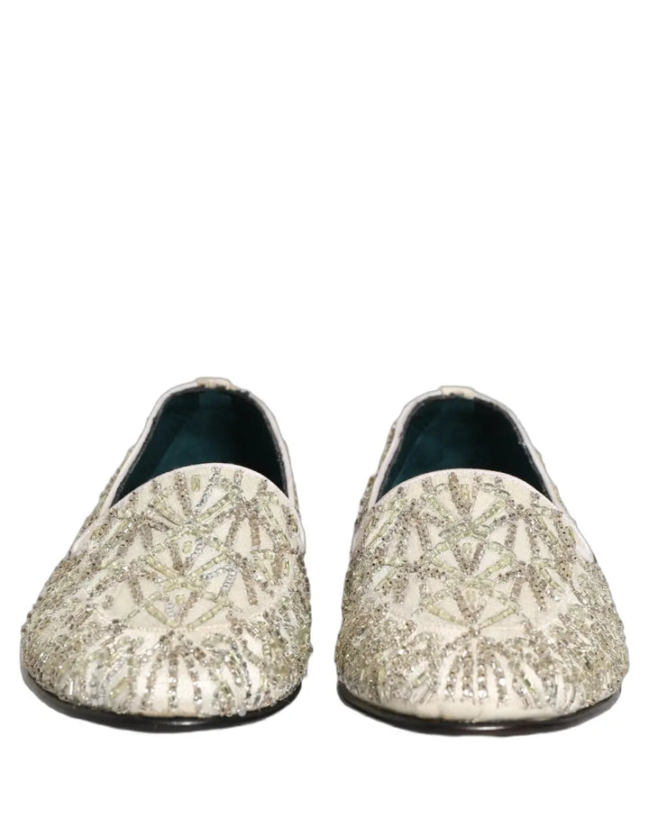 Dolce &amp; Gabbana White Velvet Embroidered Dress Loafers Shoes