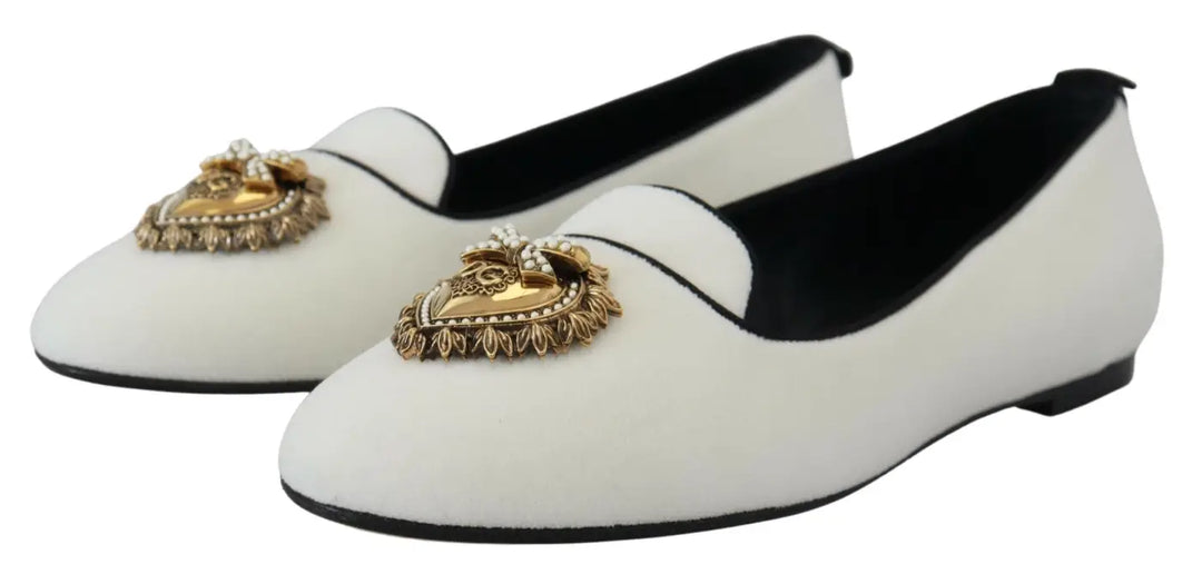 Dolce &amp; Gabbana White Velvet Slip Ons Loafers Flats Shoes