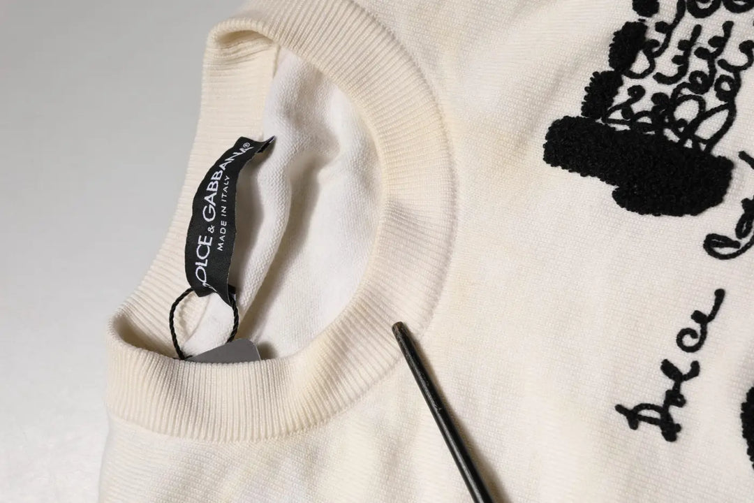 Dolce &amp; Gabbana White Virgin Wool Graphic Logo Crewneck Sweater