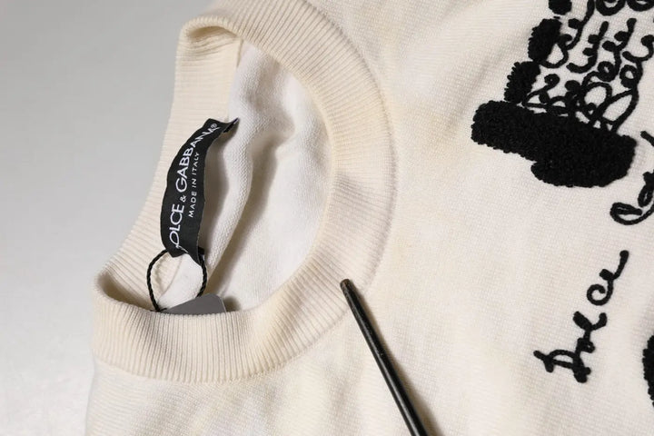 Dolce &amp; Gabbana White Virgin Wool Graphic Logo Crewneck Sweater