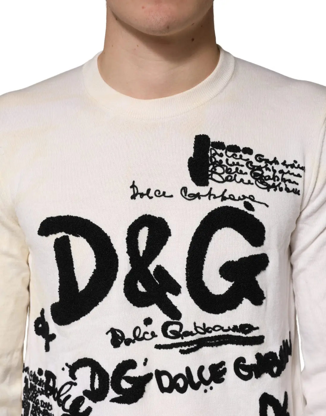Dolce &amp; Gabbana White Virgin Wool Graphic Logo Crewneck Sweater