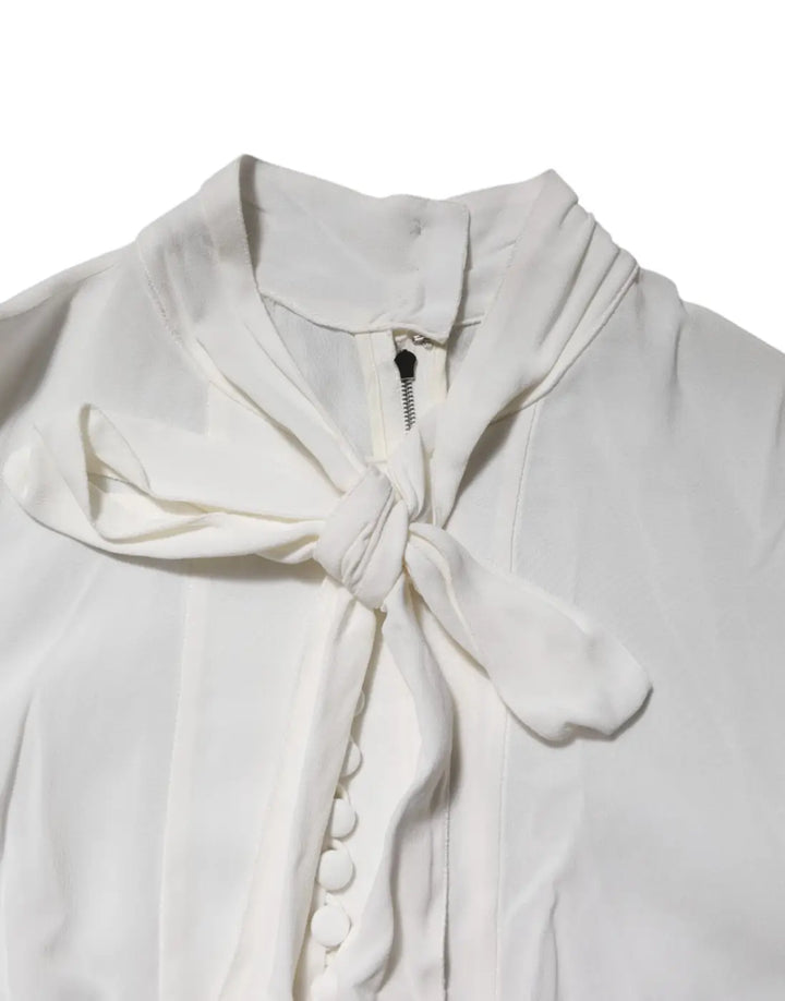 Dolce &amp; Gabbana White Viscose Ascot Collar Long Sleeves Top