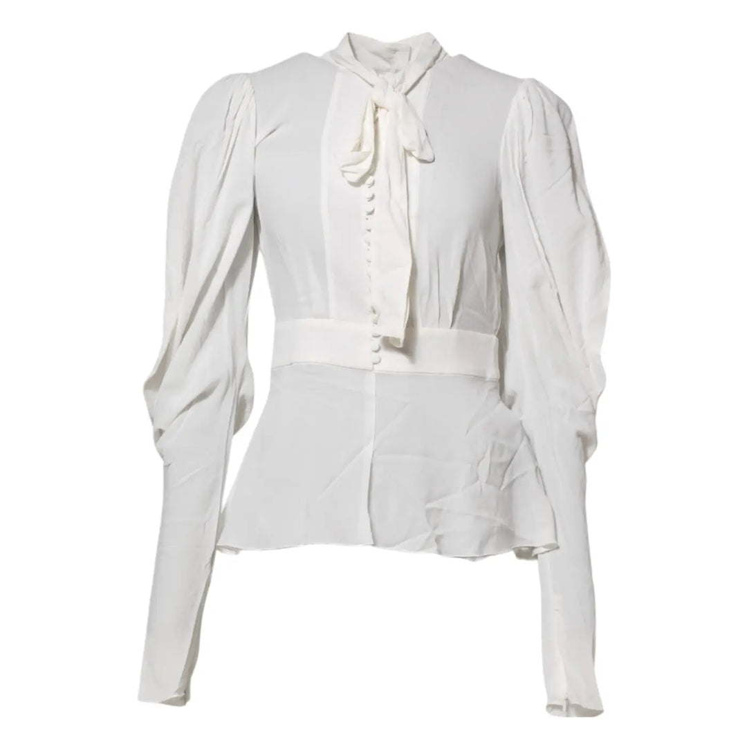 Dolce &amp; Gabbana White Viscose Ascot Collar Long Sleeves Top