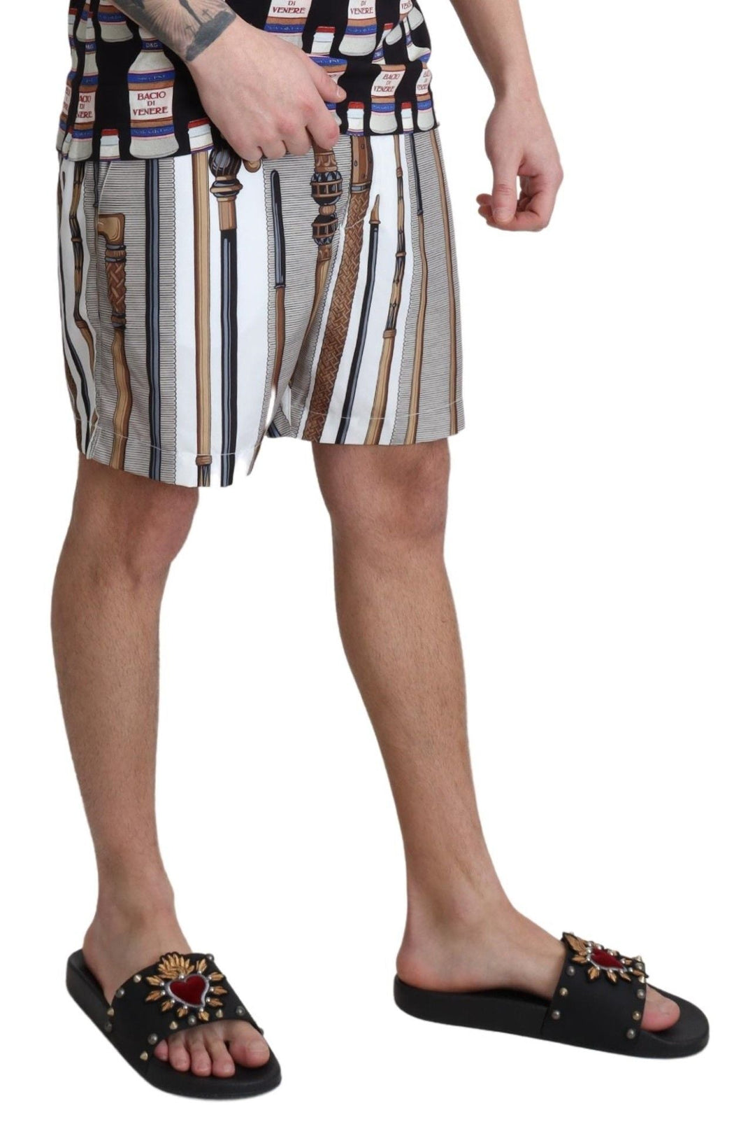 Dolce &amp; Gabbana White Walking Stick Beachwear Shorts Swimshorts