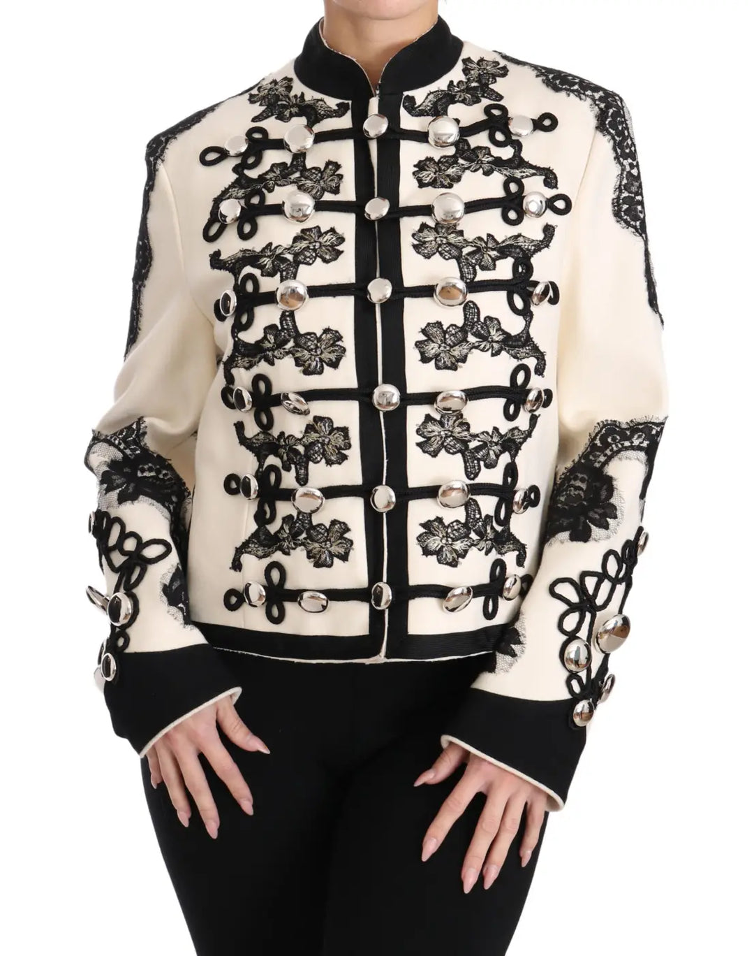 Dolce &amp; Gabbana White Wool Black Floral Baroque Jacket
