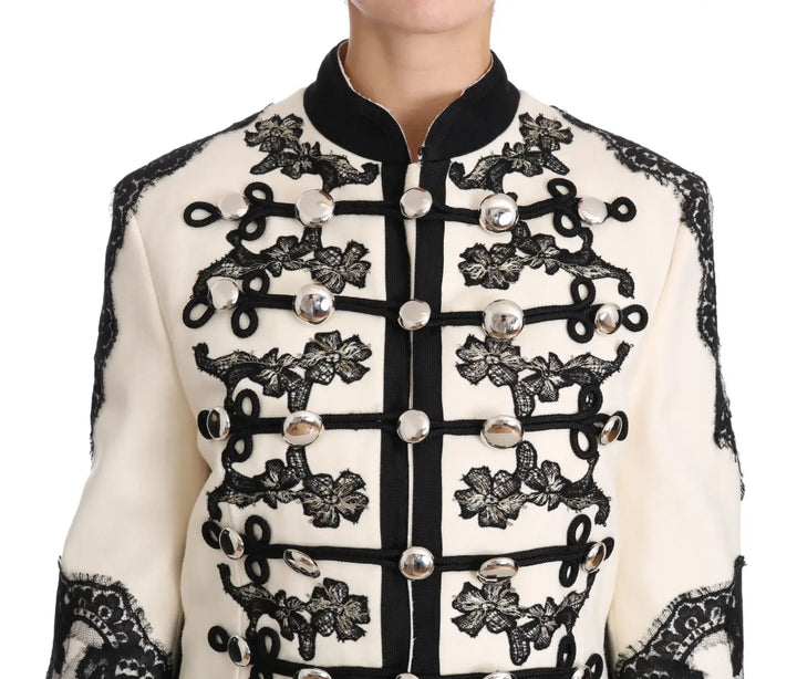 Dolce &amp; Gabbana White Wool Black Floral Baroque Jacket