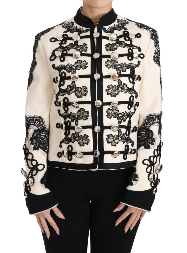 Dolce &amp; Gabbana White Wool Black Floral Baroque Jacket