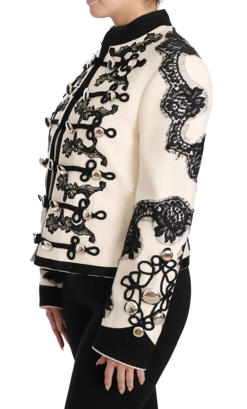 Dolce &amp; Gabbana White Wool Black Floral Baroque Jacket