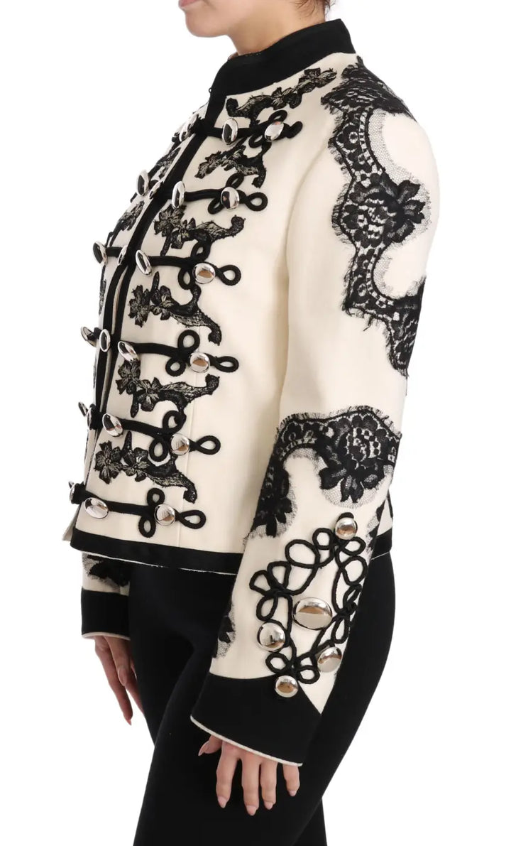 Dolce &amp; Gabbana White Wool Black Floral Baroque Jacket