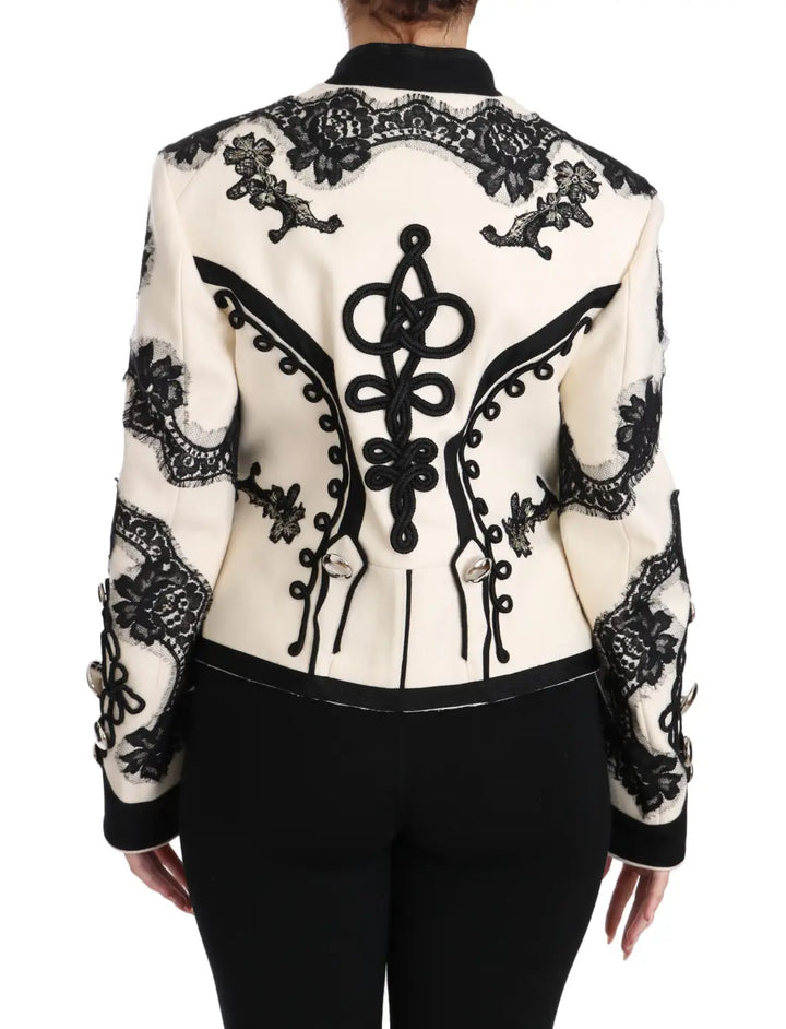 Dolce &amp; Gabbana White Wool Black Floral Baroque Jacket