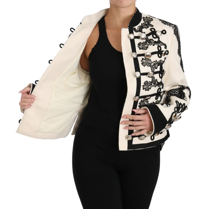 Dolce &amp; Gabbana White Wool Black Floral Baroque Jacket