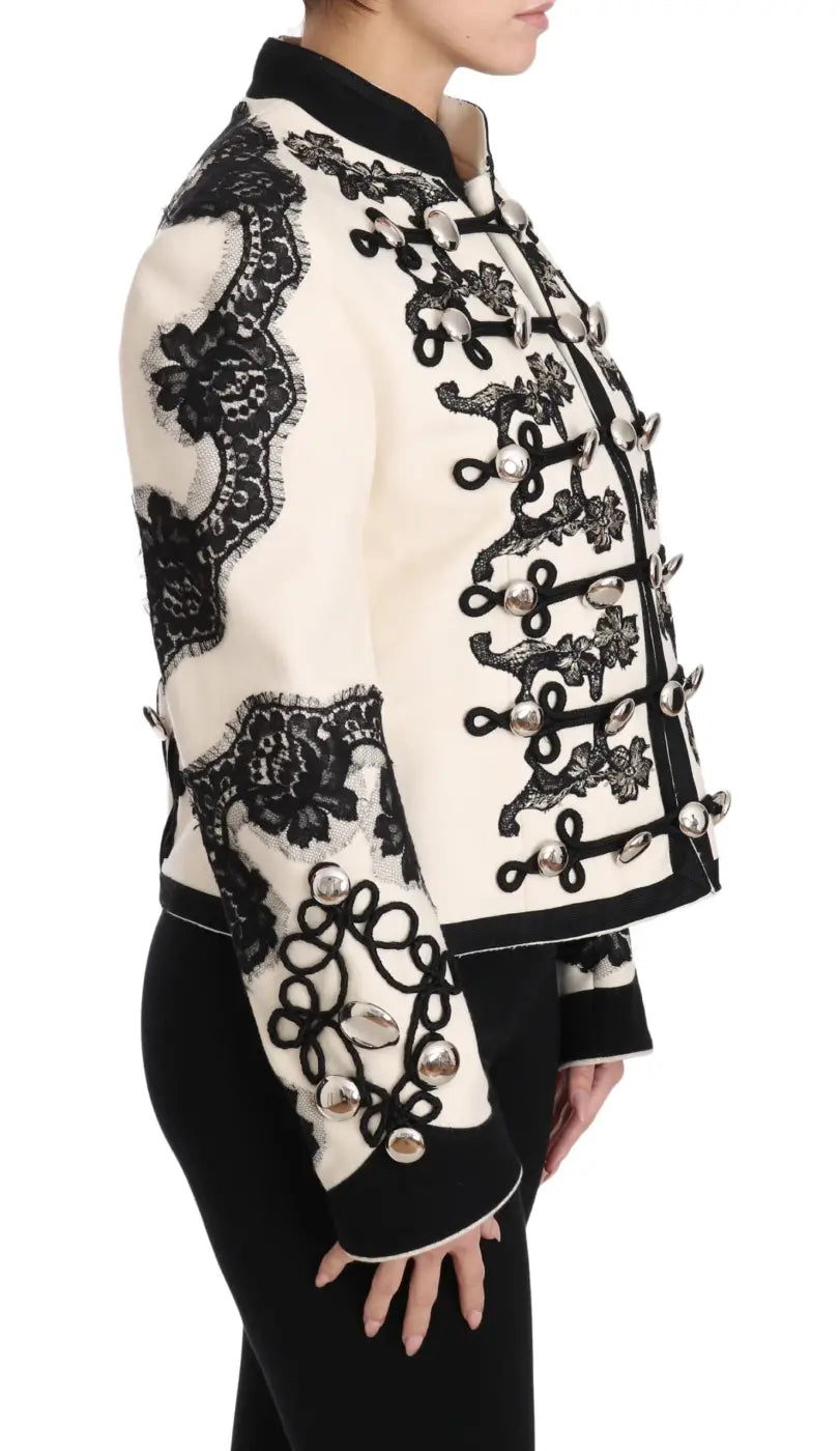 Dolce &amp; Gabbana White Wool Black Floral Baroque Jacket