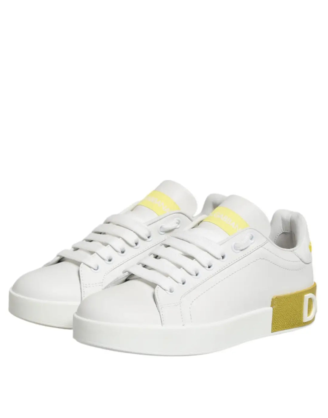 Dolce &amp; Gabbana White Yellow Leather Low Top Sneakers Shoes
