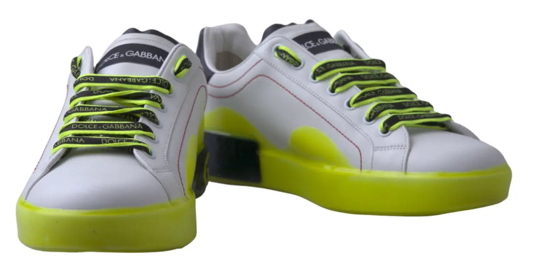 Dolce &amp; Gabbana White Yellow Portofino Leather Sneakers Shoes
