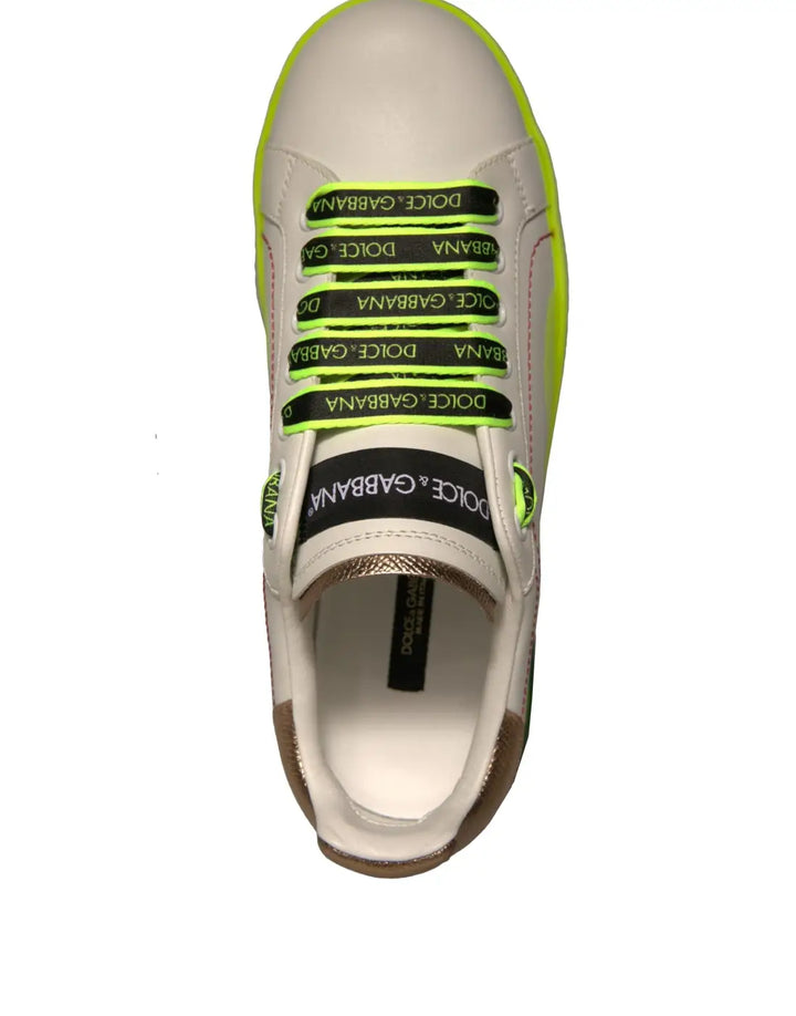 Dolce &amp; Gabbana White Yellow Portofino Leather Sneakers Shoes