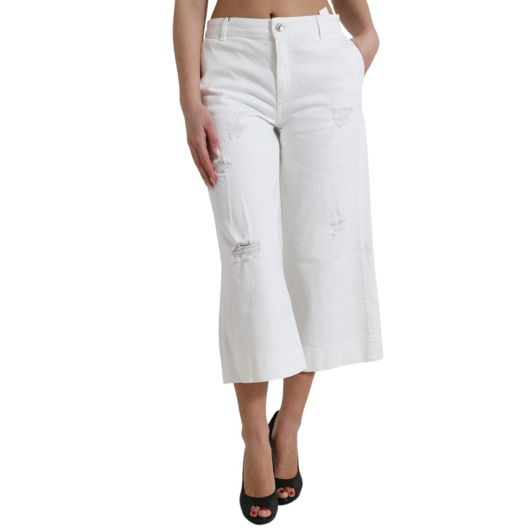 Dolce &amp; Gabbana Wide Leg White Cotton Cropped Denim Jeans