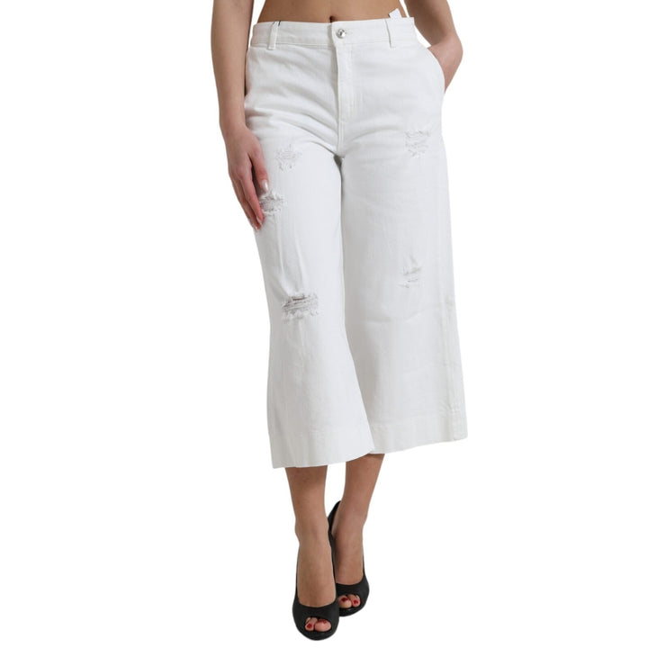 Dolce &amp; Gabbana Wide Leg White Cotton Cropped Denim Jeans