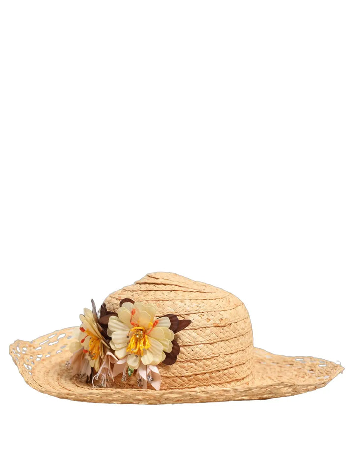 Dolce &amp; Gabbana Women Beige Wide Brim Floral Bucket Capello Hat