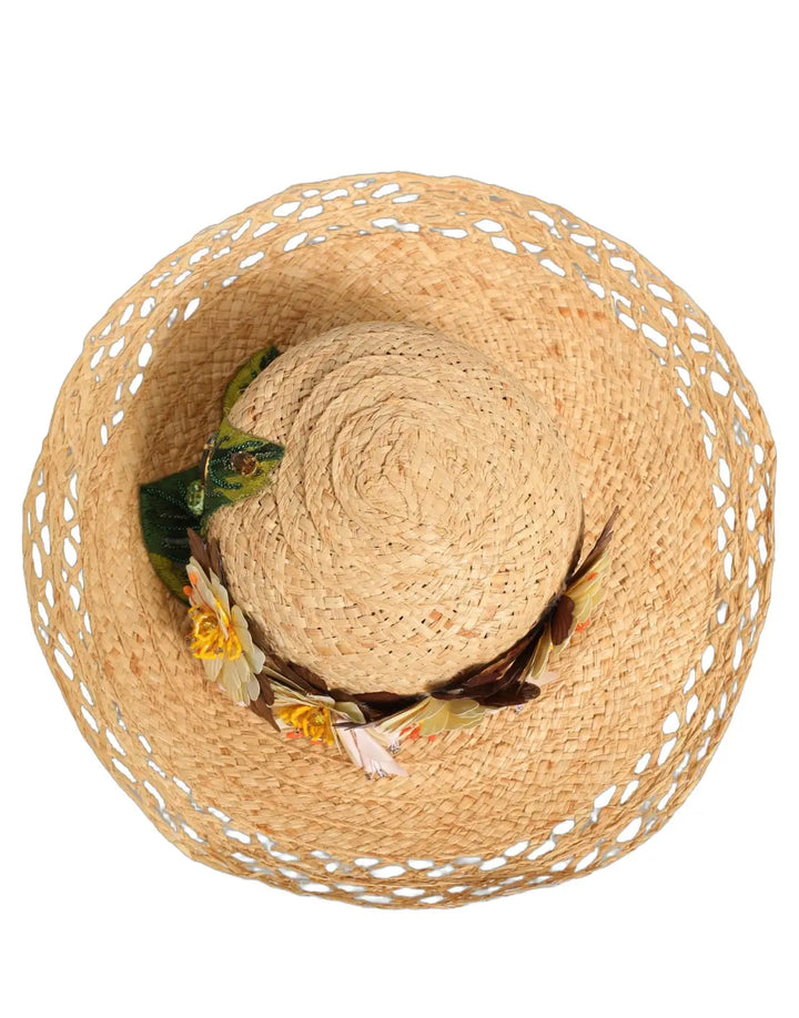 Dolce &amp; Gabbana Women Beige Wide Brim Floral Bucket Capello Hat
