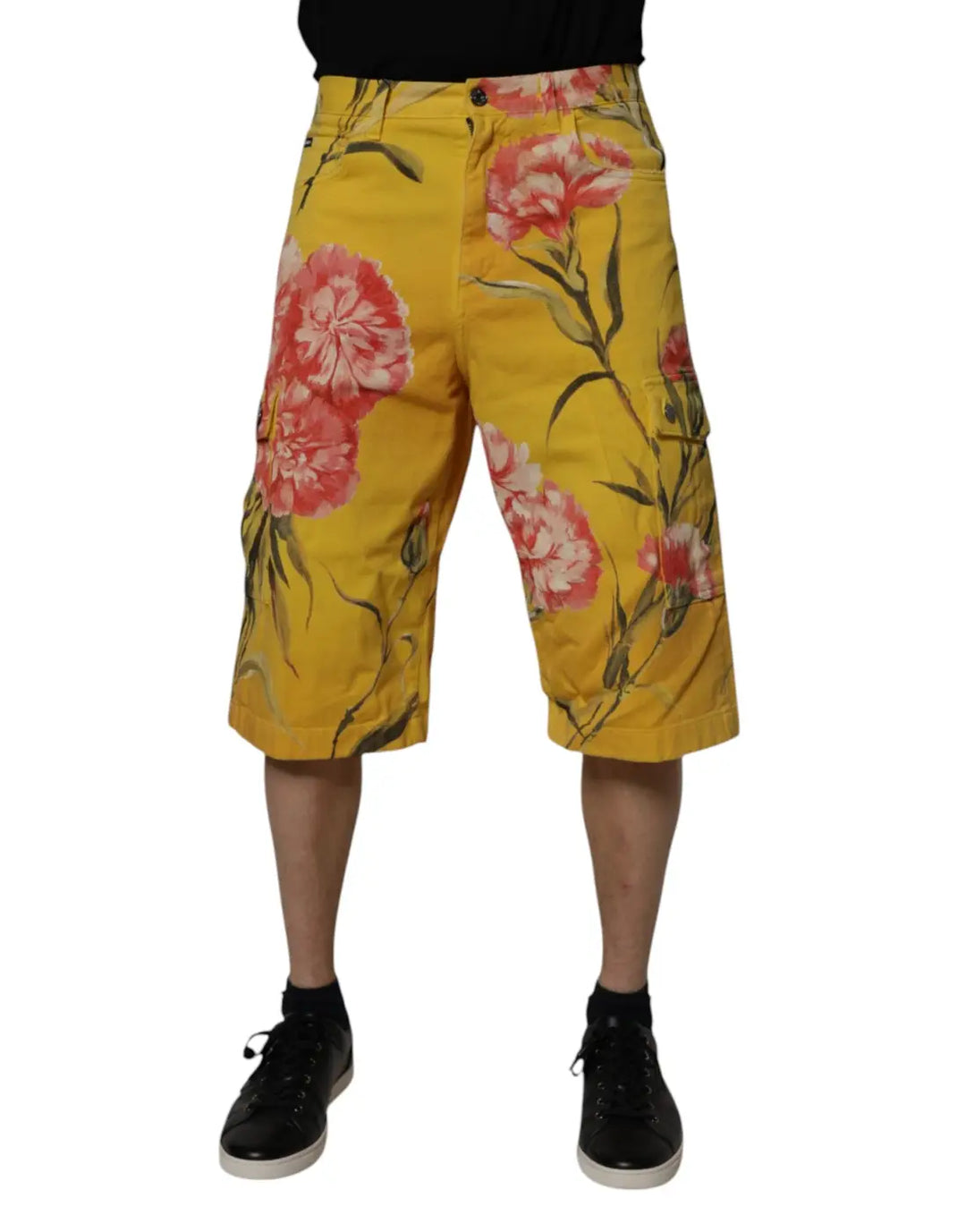 Dolce &amp; Gabbana Yellow Floral Cargo Denim Men Bermuda Shorts