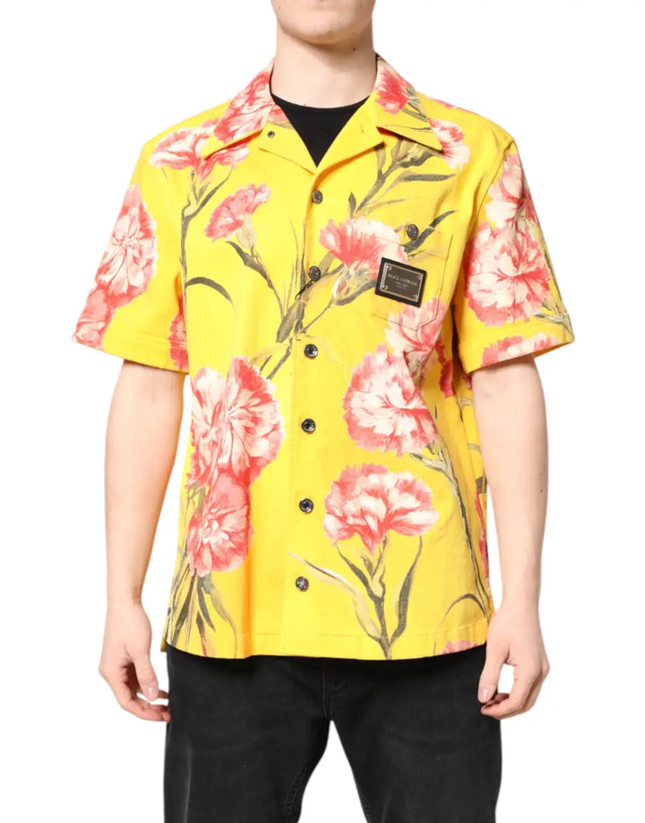 Dolce &amp; Gabbana Yellow Floral Men Button Down Casual Shirt